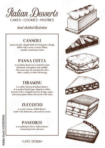 Italian cuisine menu design. Hand drawn desserts and pastries illustrations. 