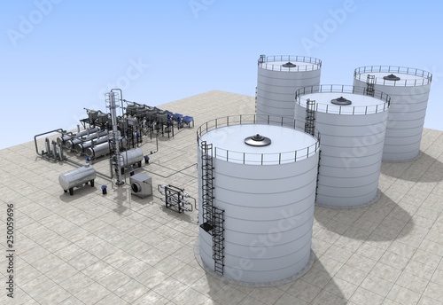 oil refinery, chemical production, waste processing plant, exterior visualization, 3D illustration