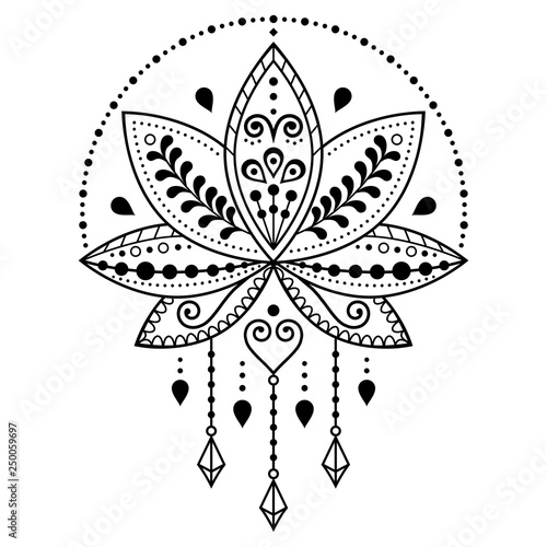 Indian Lotus flower vector pattern, Mehndi henna tattoo style, Yoga or zen decoration, bohemian greeting card 