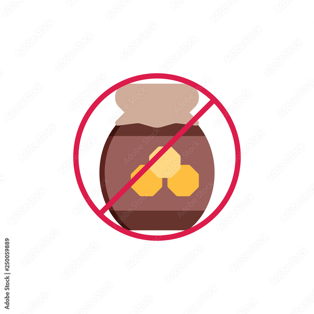 No honey jar, prohibition sign flat icon, vector sign, colorful pictogram isolated on white. No honey, food allergy symbol, logo illustration. Flat style design No honey jar, prohibition sign flat icon, vector sign, colorful pictogram isolated on white. No honey, food allergy symbol, logo illustration. Flat style design