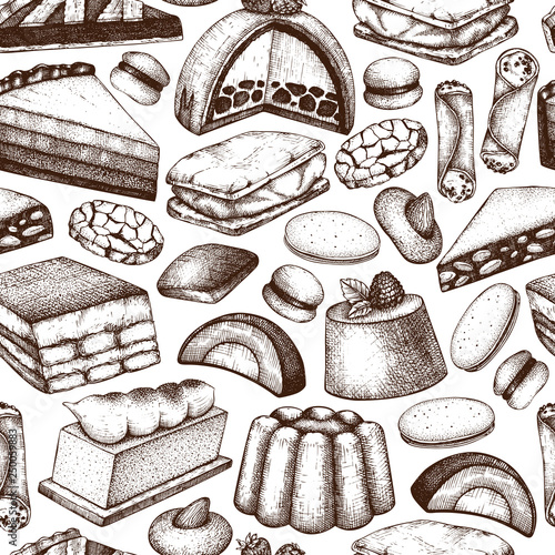 Italian desserts background. Vector cakes, cookies and pastries drawings. Traditional sweet food sketches in engraved style. Seamless pattern for cafe or restaurant design.