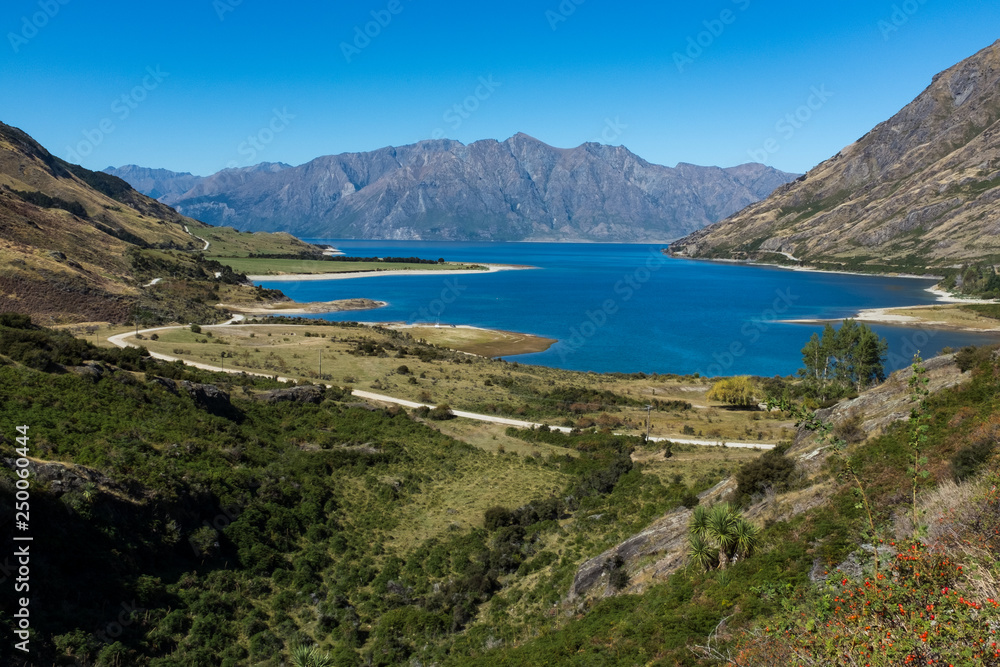 Wide view of Lake Hawea in New Zealand