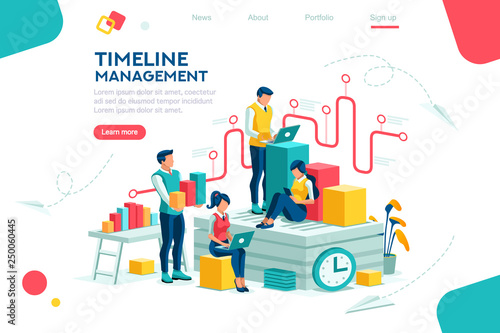 Document management, team thinking, brainstorming analytics information about company. Clock always at office. Around infographic flying presentation history timeline concept. Flat isometric character