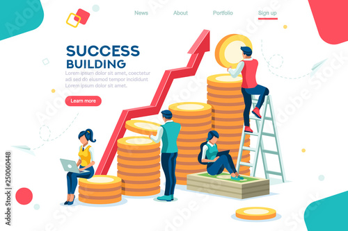 Alternative progress, building ad, investment management for company. Joint markets and move up deal. Bank career growth for success. Flat ambition concept with character isometric vector illustration