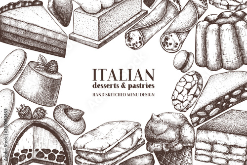 talian desserts illustrations collection. Vector baking and pastries background. 