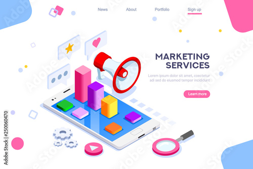 Isometric concept of Digital Marketing. 3D Modern flat design, decorated people characters. Website and mobile, website development. Illustration. Isometric landing page template.