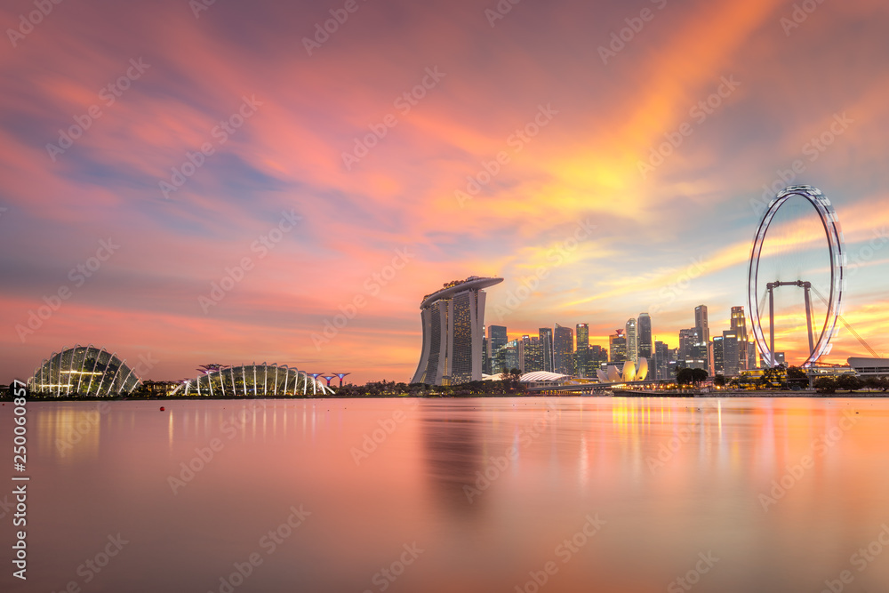 Famous Singapore Skyline with illuminations on sunset