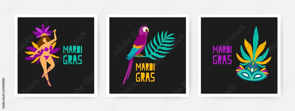 Collection of square Mardi Gras cards decorated by exotic parrot sitting on branch of tropical tree, dancer, festive mask. Flat vector illustration for holiday masquerade or carnival party invitation.