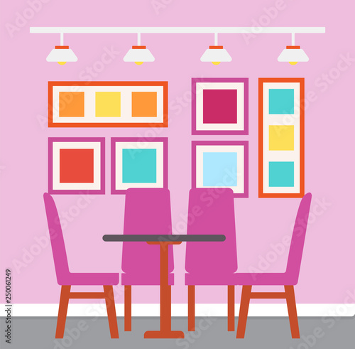 Interior of cafe with colorful design vector. Table and chairs, decoration abstract picture on walls, lamps placed on metal stick. Bright place to dinner