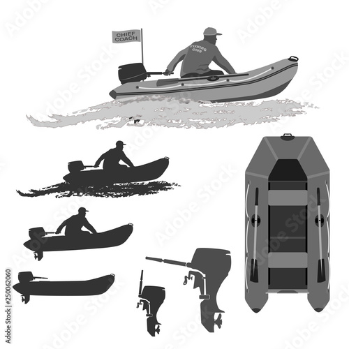  head coach of the club fishermen rides on a rubber boat with a motor. set of silhouettes. totally vector illustration