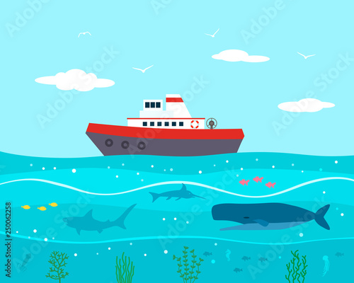 Ship in the sea with scenery of the underwater world and various fishes flat