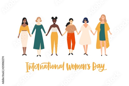 International Women's Day banner, placard or greeting card template with smiling young girls or feminists holding hands and standing together. Flat vector illustration for 8 march celebration.