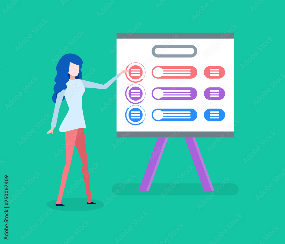 Scheme and business plan, businesswoman with presentation vector. Woman showing marketing strategies, entrepreneur and work analysis on board or screen Scheme and business plan, businesswoman with presentation vector. Woman showing marketing strategies, entrepreneur and work analysis on board or screen