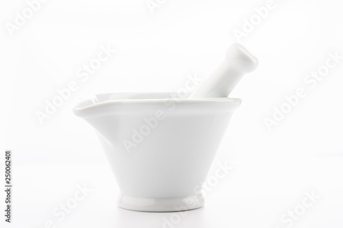 White mortar and pestles isolated on white background.