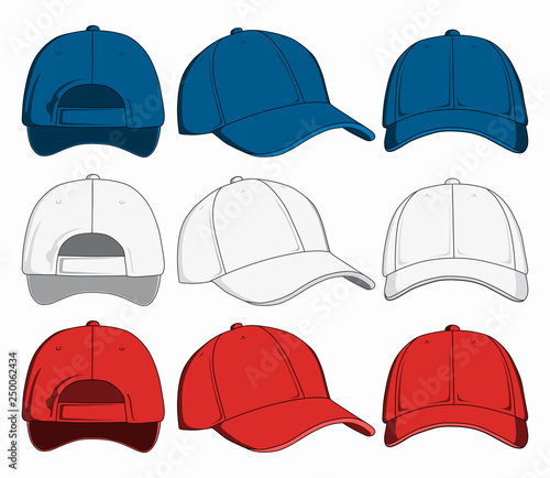 Set of baseball caps, front, back and side view. Vector illustration photo