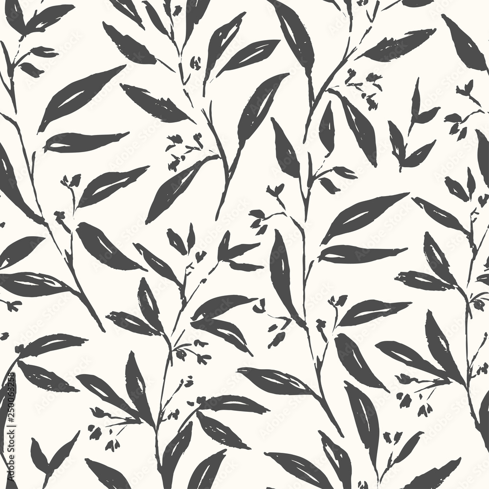 Hand drawn plant black and white seamless pattern