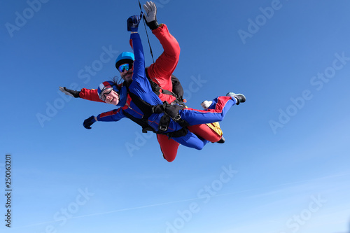 Fototapeta Naklejka Na Ścianę i Meble -  Tandem skydiving. Man and woman are falling in the sky together.