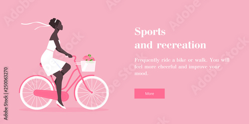 The African girl is riding a bicycle. Bride. Rest and vacation. Wedding. Horizontal banner with text. Vector flat illustration