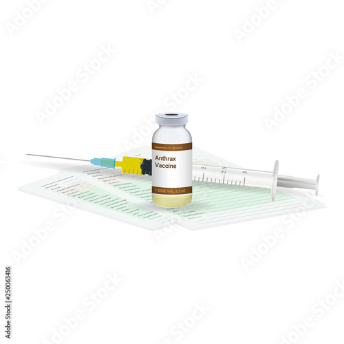 Immunization, Anthrax Vaccine Medical Test, Vial And Syringe Ready For Injection A Shot Of Vaccine Isolated On A White Background. Vector Illustration. Vaccination Healthcare Concept.