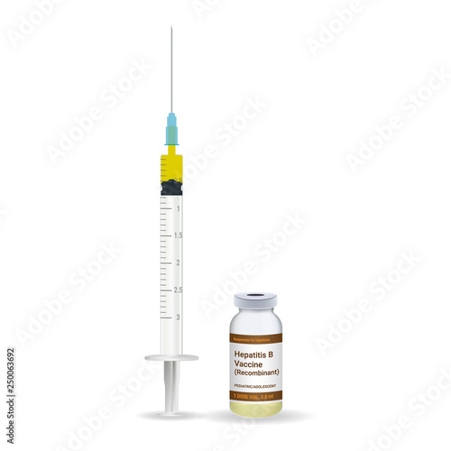 Immunization, Hepatitis Vaccine Plastic Medical Syringe With Needle And Vial Isolated On A White Background. Vector Illustration. Vaccination Healthcare Concept.