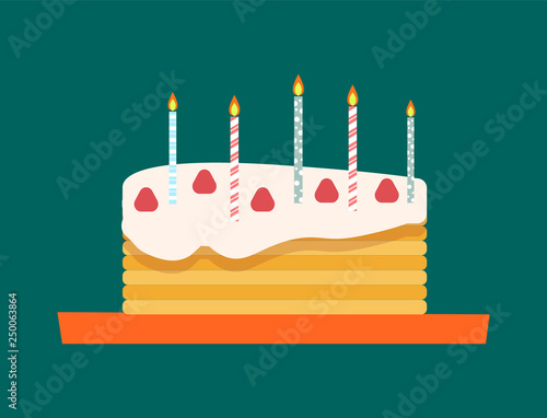 Sweet cake with candles vector, food baked for holiday birthday party celebration. Bakery with strawberries and toppings, cream and glazed biscuits