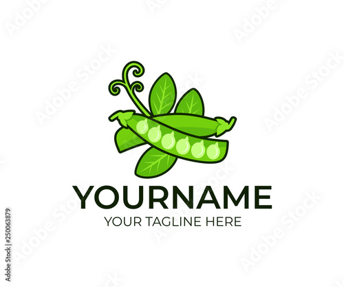 Vegetable legume plant, pea pods with leaves and stem, logo design. Organic food, vegetarian, healthy eat, agriculture and farming, vector design and illustration