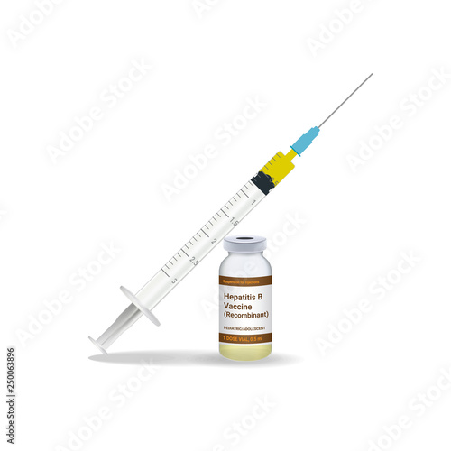 Immunization, Hepatitis Vaccine Syringe With Yellow Vaccine, Vial Of Medicine Isolated On A White Background. Vector Illustration. Vaccination Healthcare Concept.