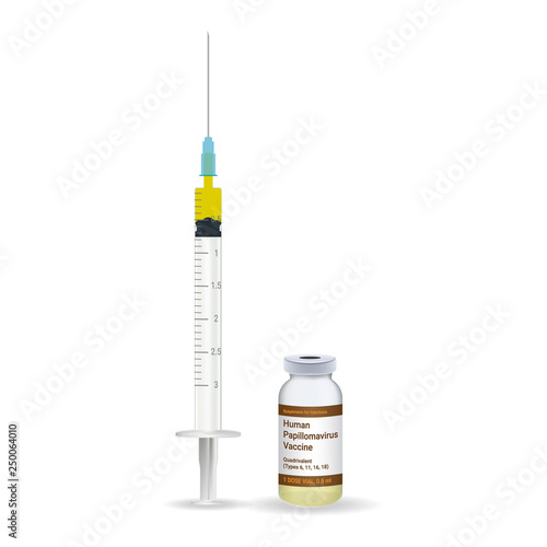 Immunization, Hpv Vaccine Plastic Medical Syringe With Needle And Vial Isolated On A White Background. Vector Illustration. Vaccination Healthcare Concept.