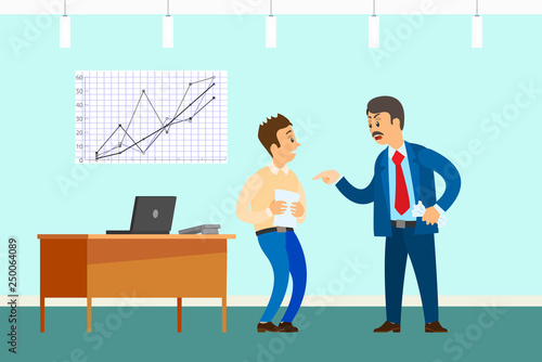 Bad job, angry boss and irresponsible employee. Wrong statistical report or paperwork, rebuke in office with desktop and graphic vector illustration.