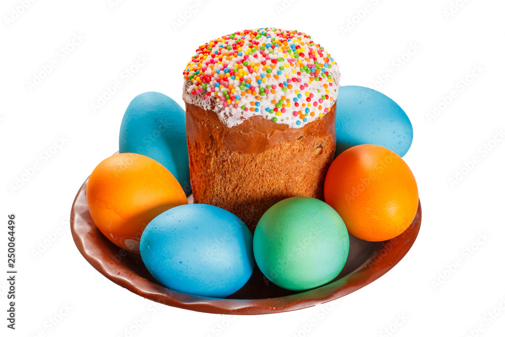 Easter cake and painted eggs on a plate with isolated background. Easter cake and painted eggs on a plate with isolated background.