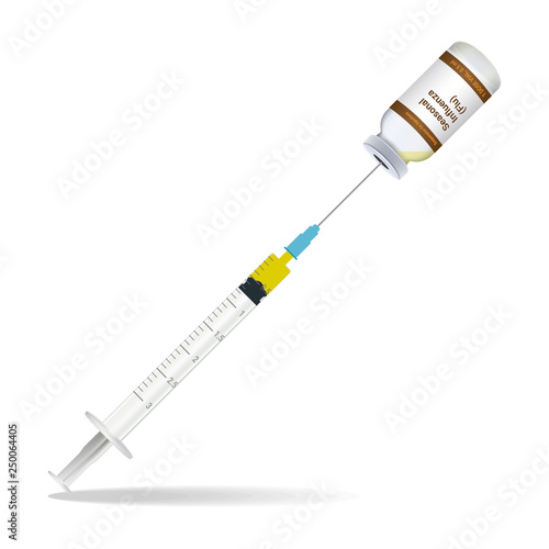 Immunization, Influenza Flu Vaccine Syringe Contain Some Injection And Injection Bottle Isolated On A White Background. Vector Illustration. Vaccination Healthcare Concept.