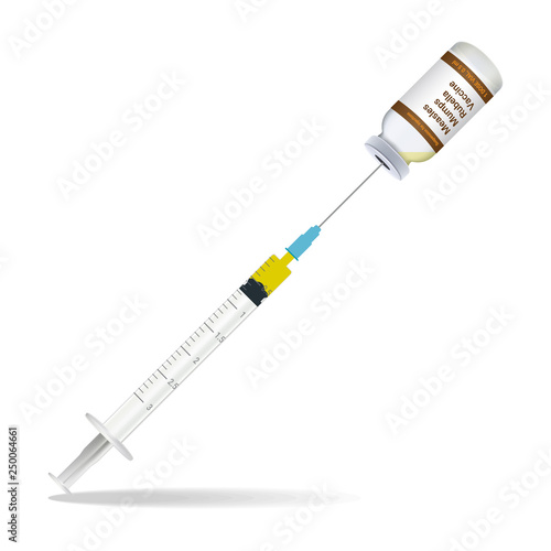 Immunization, Measles Mumps Rubella Vaccine Syringe Contain Some Injection And Injection Bottle Isolated On A White Background. Vector Illustration. Vaccination Healthcare Concept.