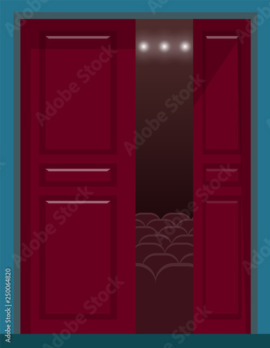 Audience at cinema vector, wooden door entrance to movie theatre. Comfortable chairs and armchairs with soft padding. Seats for people visiting film sean