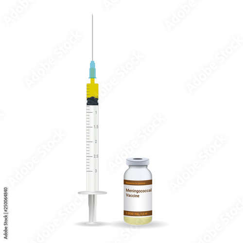 Immunization, Meningococcal Vaccine Plastic Medical Syringe With Needle And Vial Isolated On A White Background. Vector Illustration. Vaccination Healthcare Concept.