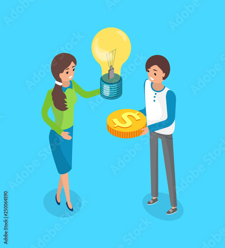 Crowdfunding concept, investors crowdsourcing and exchanging alternative finance. Woman with light bulb and golden money coin in hands of man, vector