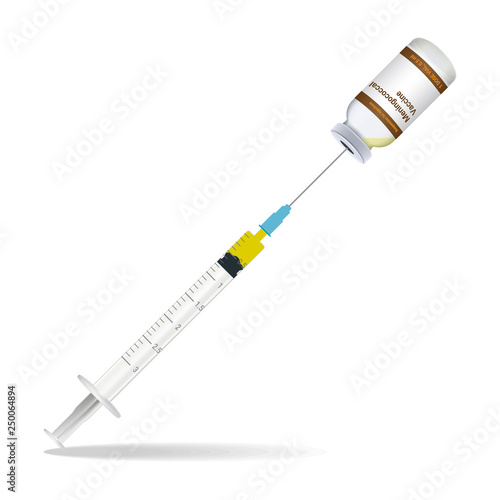 Immunization, Meningococcal Vaccine Syringe Contain Some Injection And Injection Bottle Isolated On A White Background. Vector Illustration. Vaccination Healthcare Concept.