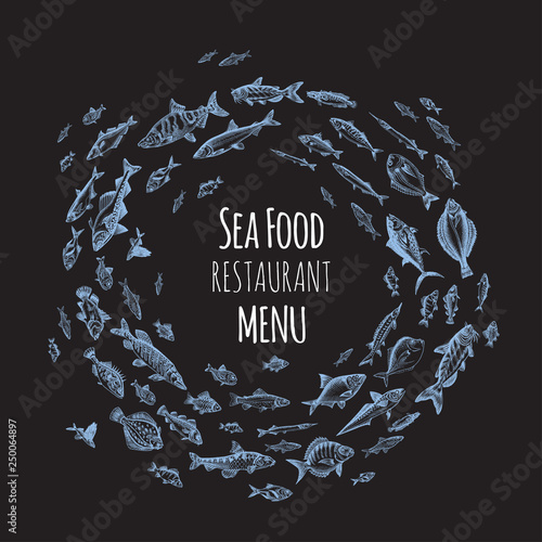 Vector illustration sketch - fish market. Card menu seafood. vintage design template, banner.