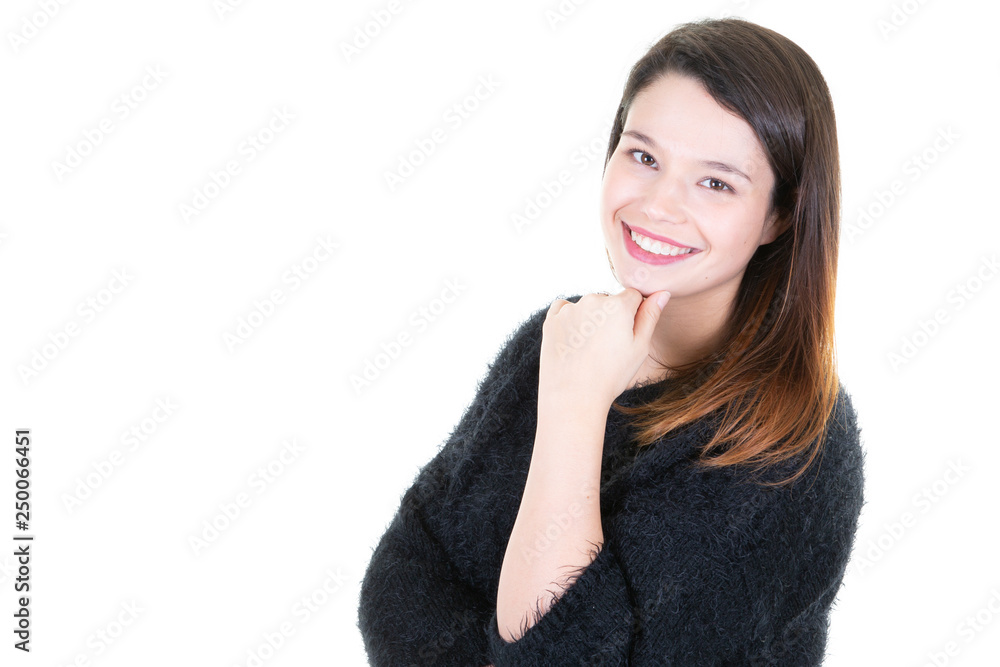 Young beautiful woman thinking looking face with blank copy space isolated over white background Young beautiful woman thinking looking face with blank copy space isolated over white background