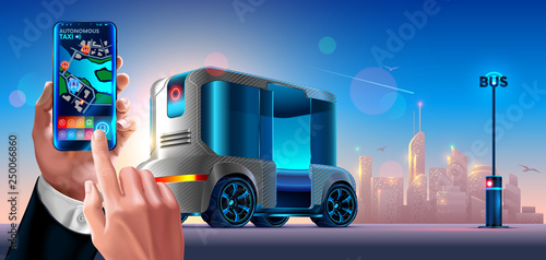 Autonomous driverless shuttle public bus. Automated self-driving vehicle system in city. Passenger holding smartphone in hand and call cab via mobile app. Phone Displays Location of Taxi on Map Roads.