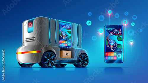 Autonomous driverless van delivers and ships parcels in specified location on map city. Smartphone app displays order information, gps point of self-driving lorry. Future delivery service concept.