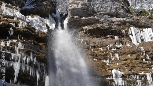 NATURE BACKGROUND, SLOW MOTION 4K Close up panning shot from top to bottom of a waterfall on a winter day surrounded by frozen icicles. Waterfall falling past numerous white icicles frozen in winter w