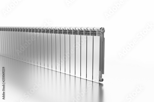 3D rendering. Central heating radiator with many sections. White heating radiator on white background.
