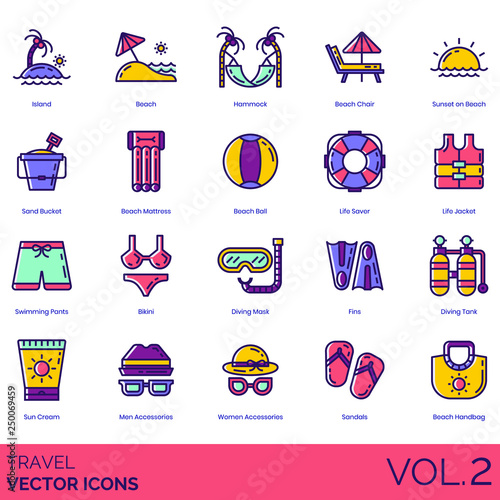 Travel icons including island, beach, hammock, chain, sunset, sand bucket, mattress, ball, life saver, jacket, swimming pants, bikini, diving mask, fins, tank, sun cream, men, women accessories.