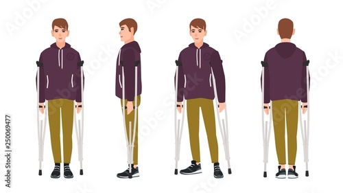 Happy young man standing or walking with crutches. Cute guy with limited mobility. Joyful male cartoon character with physical disability, injury or impairment. Vector illustration in flat style.