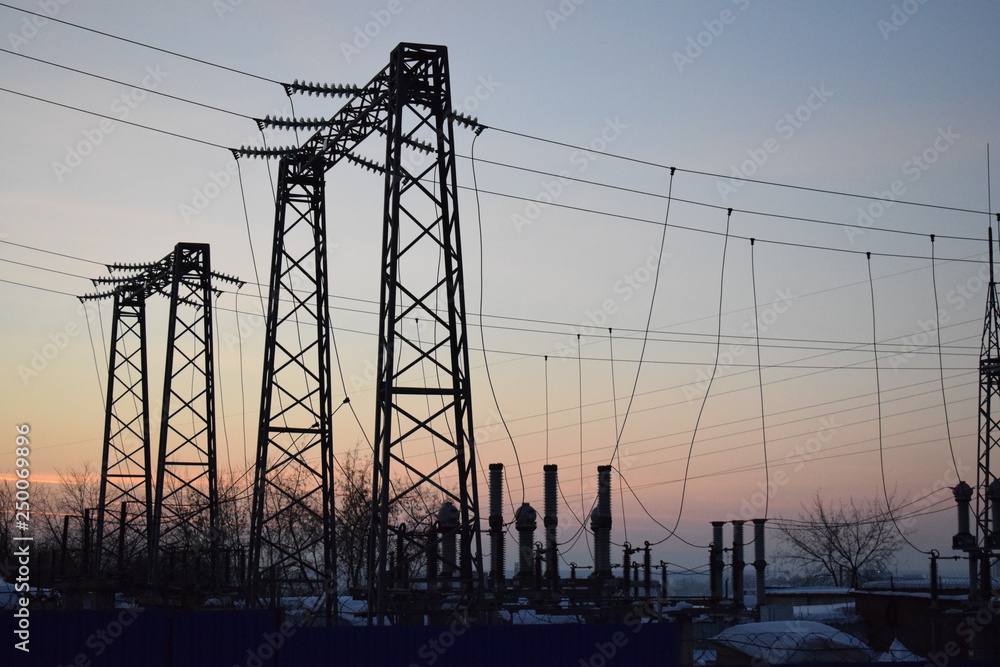 Electricity transmission line. Industrial landscape.