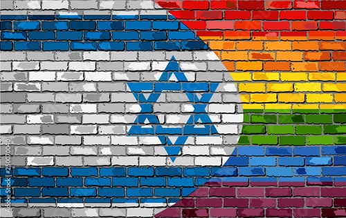 Brick Wall Israel and Gay flags - Illustration, Rainbow and Israel flag on brick textured background