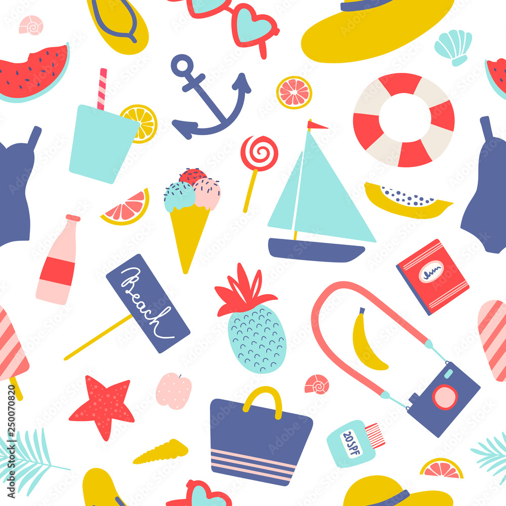Summer seamless vector pattern with beach accessories and fruits on white background.