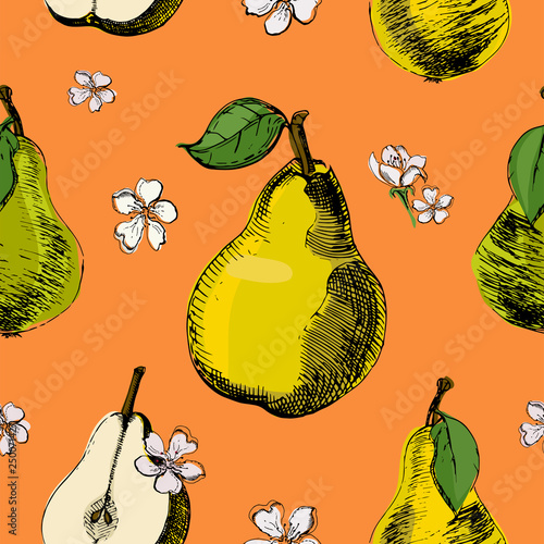 Hand drawn sketch seamless pattern of pears.Vintage ink vector of different pears and flowers of pear on orange background.Great for fabrics, wallpaper, packaging.