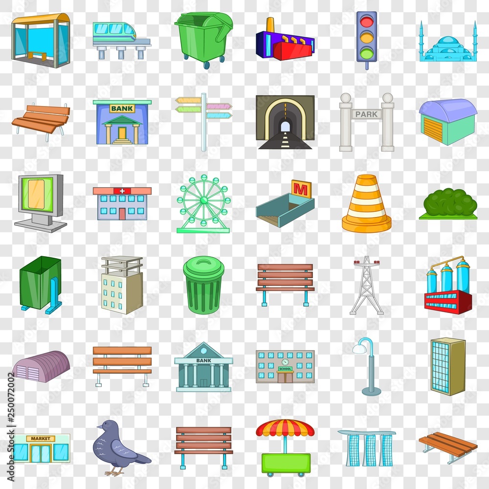 Big city icons set. Cartoon style of 36 big city vector icons for web for any design Big city icons set. Cartoon style of 36 big city vector icons for web for any design