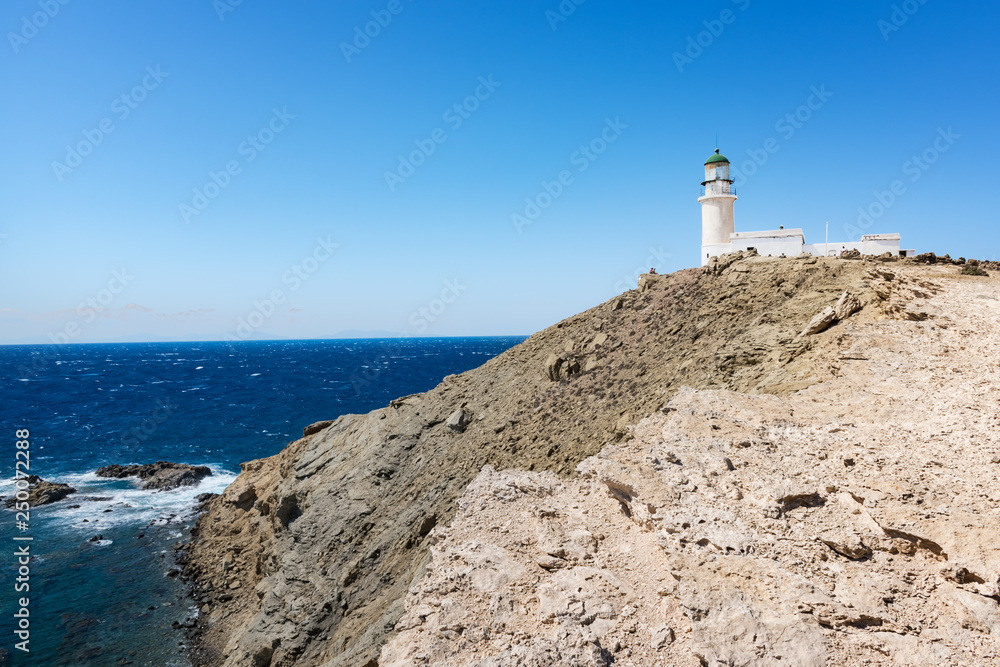 White lighthouse in Prasonisi National Park – southest spot of Island (Rhodes, Greece)